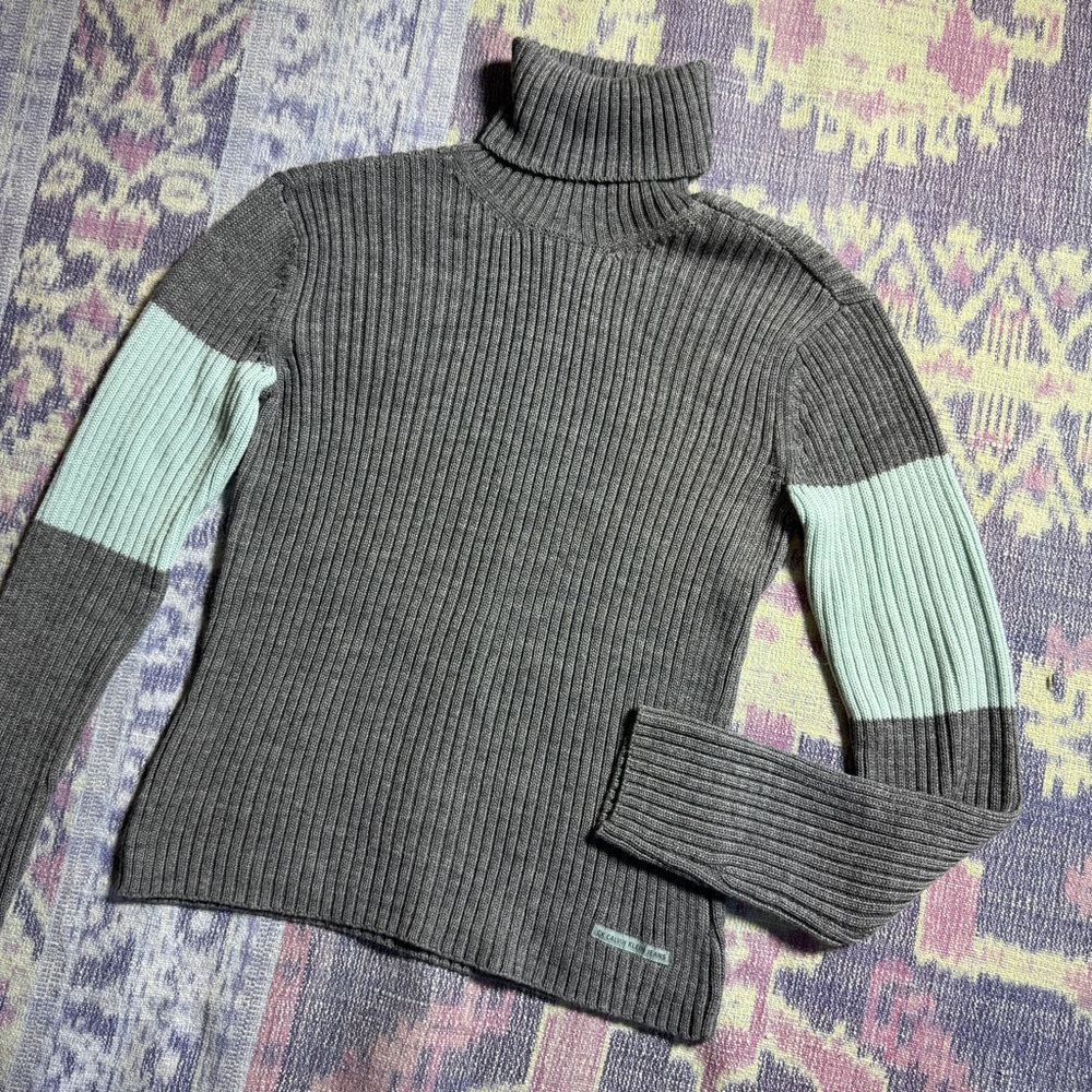 Vintage 90s Calvin Klein Womens Ribbed Turtleneck Sweater Long Sleeve in Gray - Picture 7 of 15